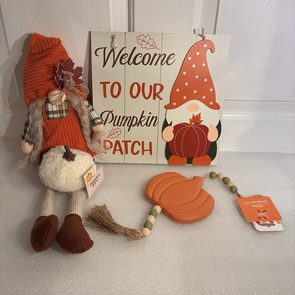 Fall 4 Piece Set Gnome Girl, Gnome WELCOME….Wood Swag W/ Beads & Pumpkin NEW